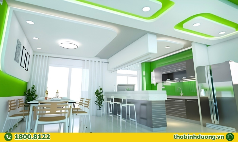 Nội thất màu xanh kết hợp nhà màu trắng sứ