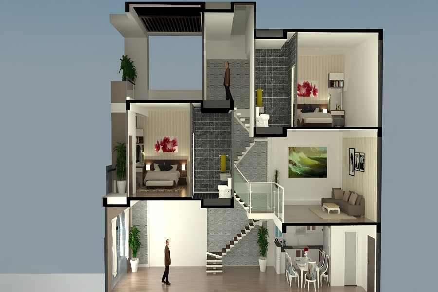 Nhà lệch tầng tối ưu hóa không gian và ánh sáng
