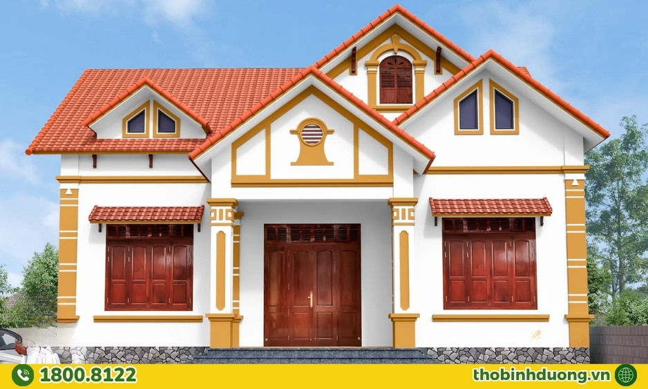 Nhà cấp 4 trắng sứ kết hợp nâu gỗ
