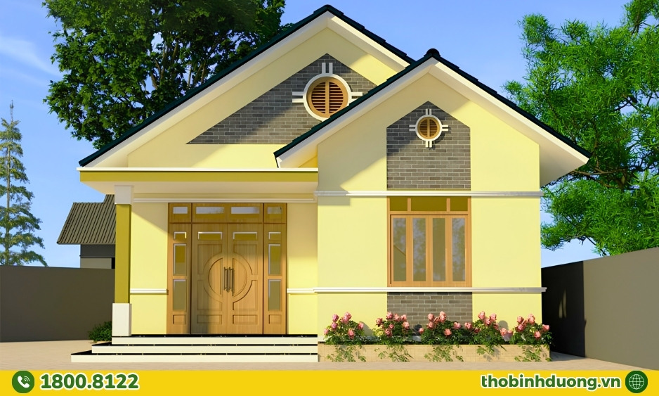 Phối màu vàng kem nâu ấm cho mặt tiền nhà cấp 4
